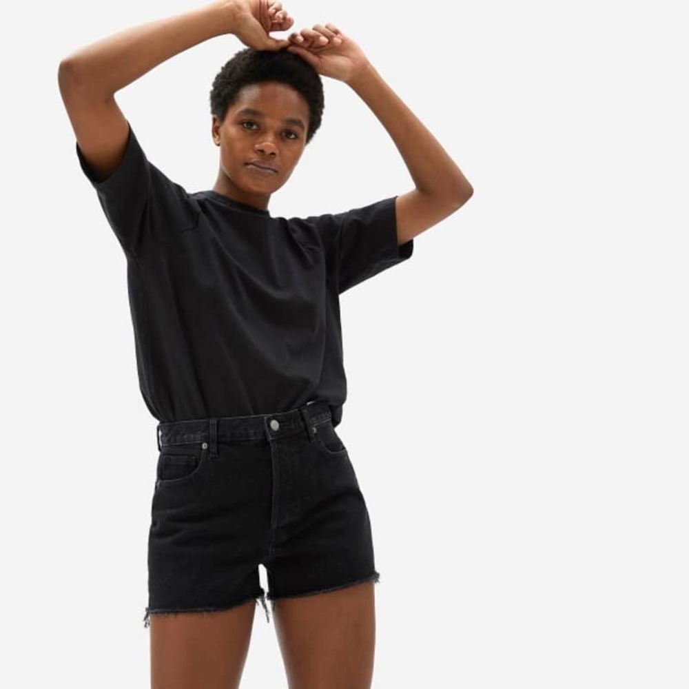 Everlane The Cheeky Denim Short Black Stone Button Fly Size 28 Distressed Jean